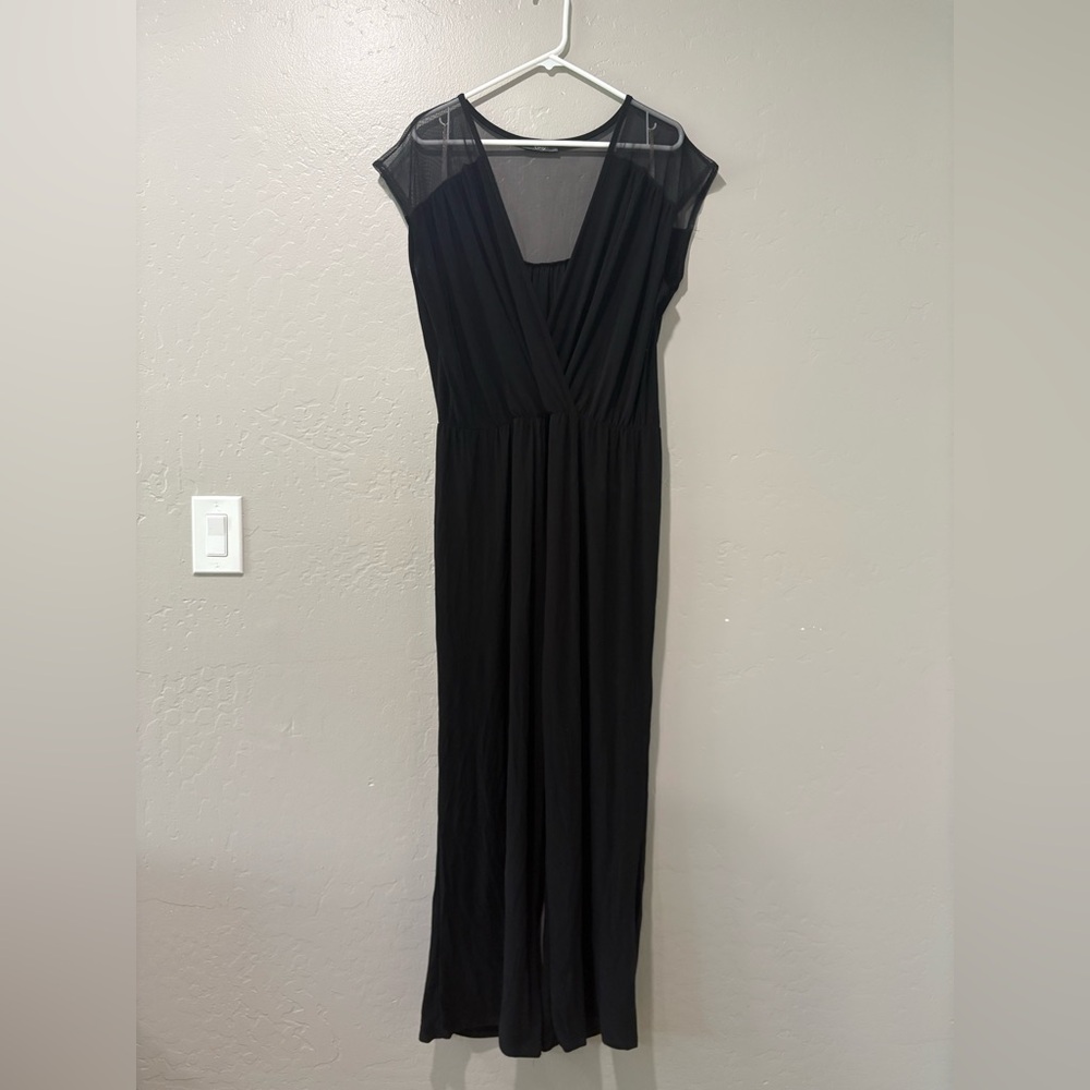 Pinc Black Sheer Shoulders Short Sleeve Jumpsuit